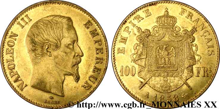 100 francs or Napoléon III tête nue 1858 Paris F.550/5 SS 