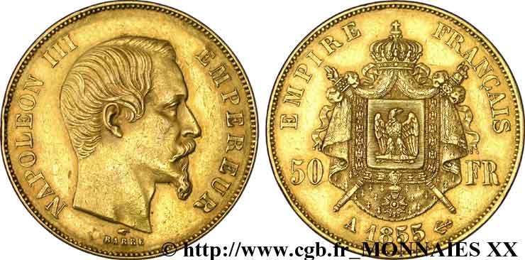 50 francs or Napoléon III, tête nue 1855 Paris F.547/1 MBC 