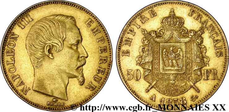 50 francs or Napoléon III, tête nue 1858 Paris F.547/5 SS 