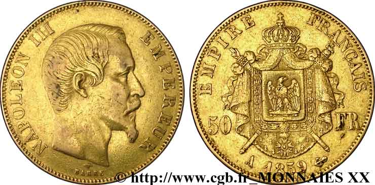 50 francs or Napoléon III, tête nue 1859 Paris F.547/7 TB 
