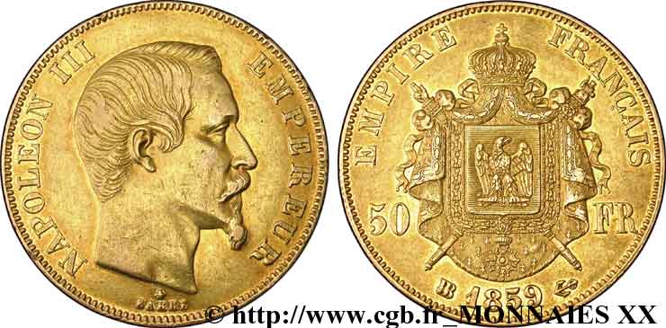 50 francs or Napoléon III, tête nue 1859 Strasbourg F.547/8 XF 