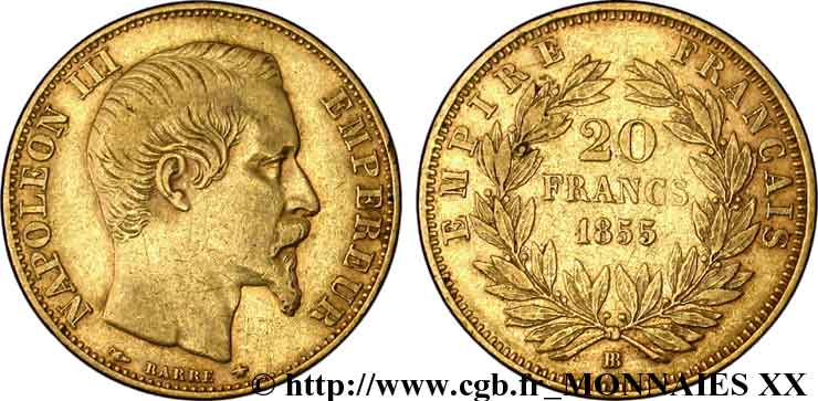 20 francs or Napoléon III, tête nue 1855 Strasbourg F.531/5 TB 