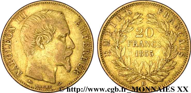 20 francs or Napoléon III, tête nue, petit lion 1855 Lyon F.531/7 MBC 