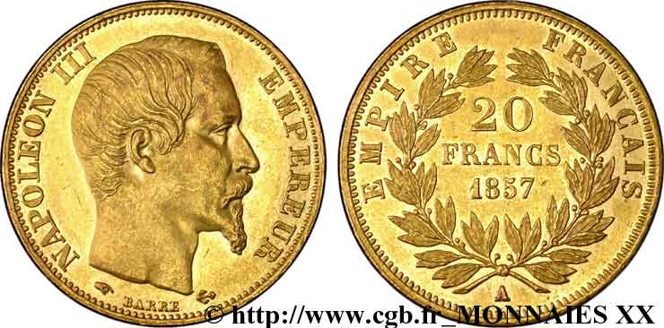 20 francs or Napoléon III, tête nue 1857 Paris F.531/12 EBC 