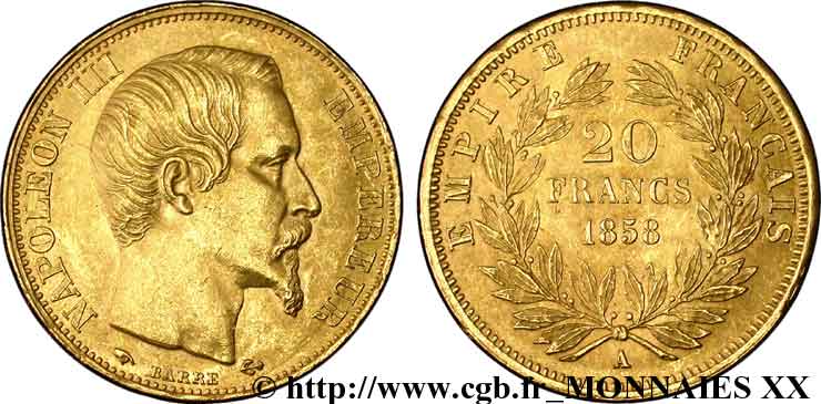 20 francs or Napoléon III, tête nue 1858 Paris F.531/13 EBC 