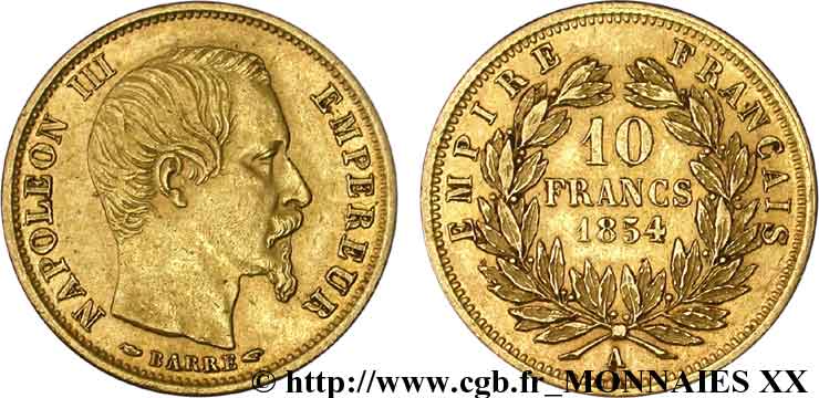 10 francs or Napoléon III tête nue, petit module 1854 Paris F.505A/1 XF 