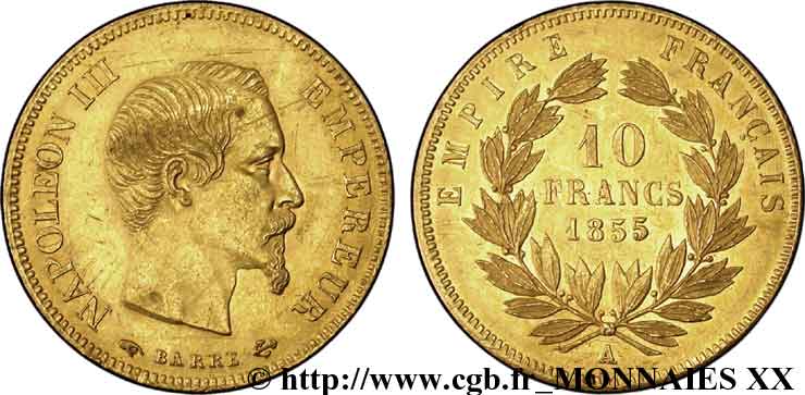 10 francs Napoléon III tête nue, grand module 1855 Paris F.506/1 EBC 