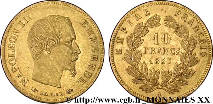10 francs Napoléon III tête nue, grand module 1856 Paris F.506/3 SPL 