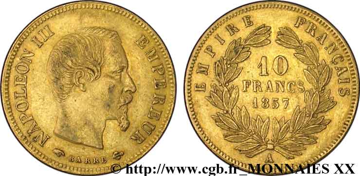 10 francs Napoléon III tête nue, grand module 1857 Paris F.506/4 SS 
