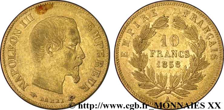 10 francs Napoléon III tête nue, grand module 1858 Paris F.506/5 XF 