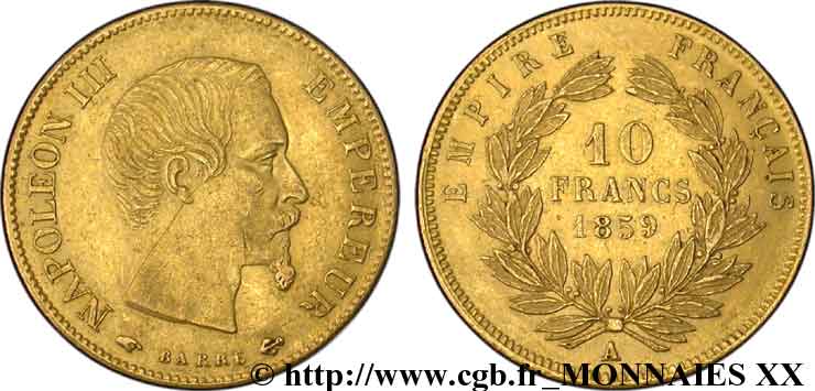 10 francs Napoléon III tête nue, grand module 1859 Paris F.506/7 XF 