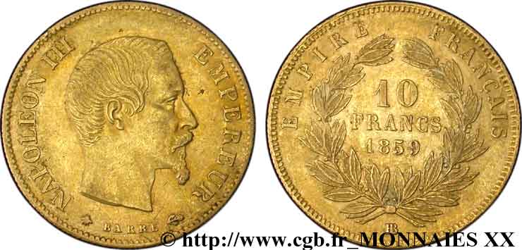 10 francs Napoléon III tête nue, grand module 1859 Strasbourg F.506/8 XF 