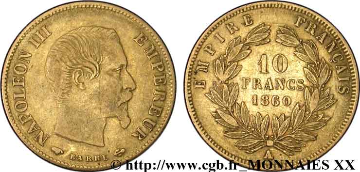 10 francs Napoléon III tête nue, grand module 1860 Paris F.506/9 TB 