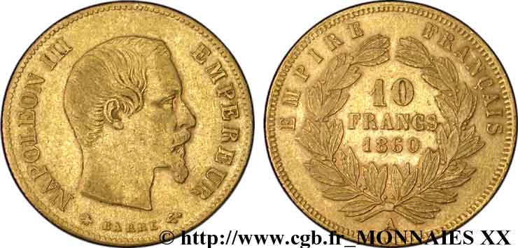 10 francs Napoléon III tête nue, grand module 1860 Paris F.506/10 XF 