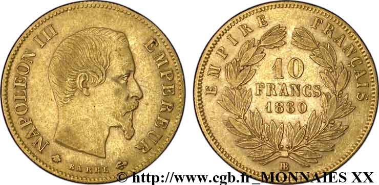10 francs Napoléon III tête nue, grand module 1860 Strasbourg F.506/11 MBC 