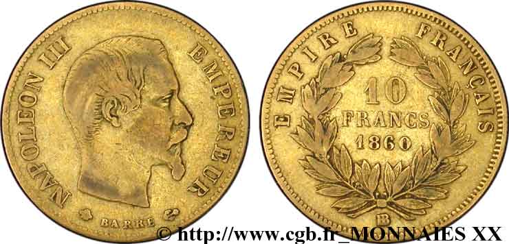 10 francs Napoléon III tête nue, grand module 1860 Strasbourg F.506/11 VF 