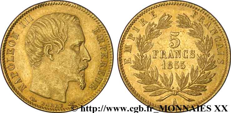 5 francs or Napoléon III tête nue, petit module 1855 Paris F.500A/2 EBC 