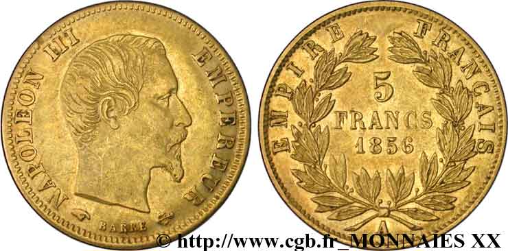 5 francs or Napoléon III tête nue, grand module 1856 Paris F.501/2 XF 