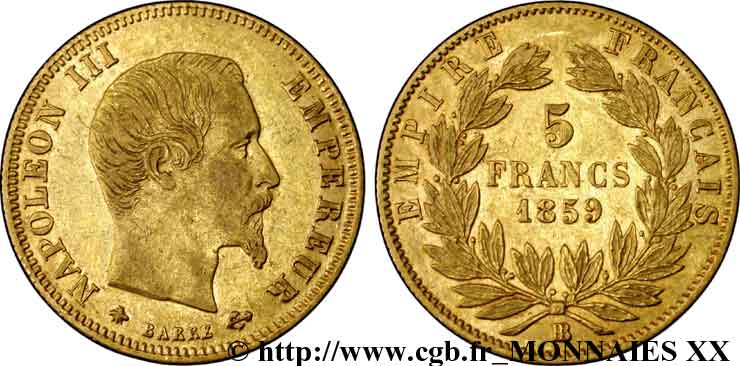 5 francs or Napoléon III, tête nue, grand module 1859 Strasbourg F.501/8 XF 