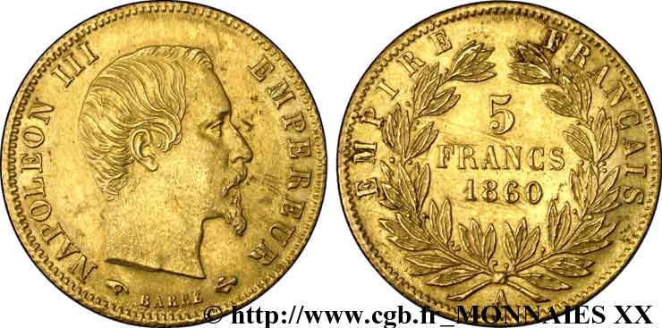 5 francs or Napoléon III tête nue, grand module 1860 Paris F.501/10 SUP 