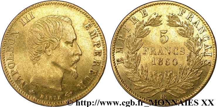 5 francs or Napoléon III tête nue, grand module 1860 Strasbourg F.501/13 MBC 