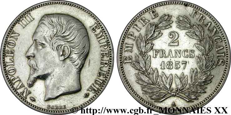2 francs Napoléon III tête nue 1857 Paris F.262/9 BB 
