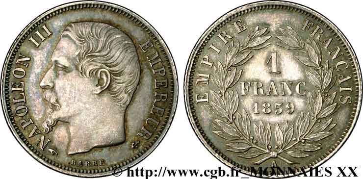 1 franc Napoléon III, tête nue  1859 Paris F.214/12 AU 
