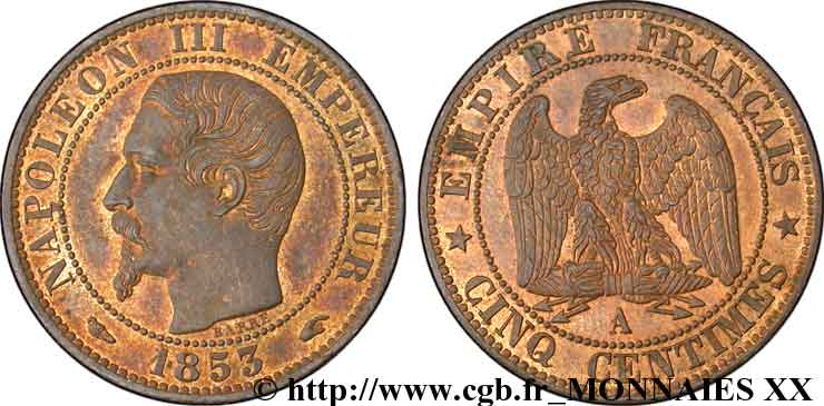 Cinq centimes Napoléon III, tête nue 1853 Paris F.116/1 SC 