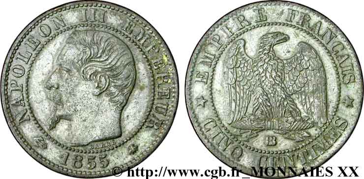 Cinq centimes Napoléon III, tête nue 1855 Strasbourg F.116/21 BB 