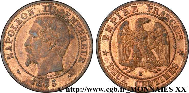 Deux centimes Napoléon III, tête nue, différent levrette 1855 Rouen F.107/21 EBC 