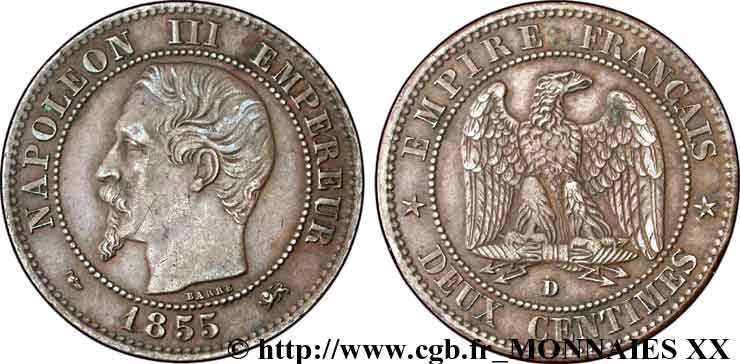 Deux centimes Napoléon III, tête nue, petit D, levrette et grand lion 1855 Lyon F.107/29 BB 