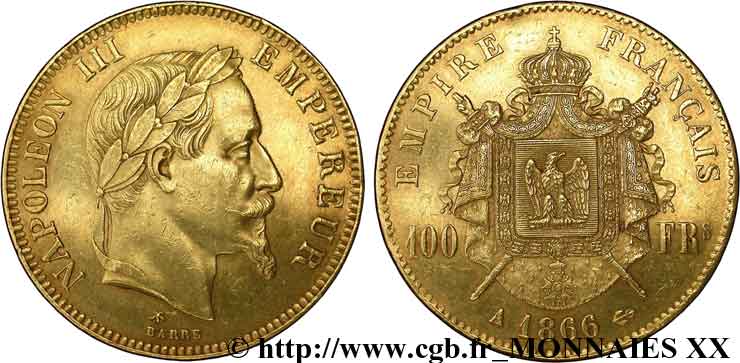 100 francs or Napoléon III, tête laurée 1866 Paris F.551/6 SS 