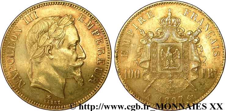 100 francs or Napoléon III, tête laurée 1867 Paris F.551/8 TTB 