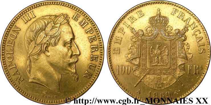 100 francs or Napoléon III, tête laurée 1869 Paris F.551/12 MBC 