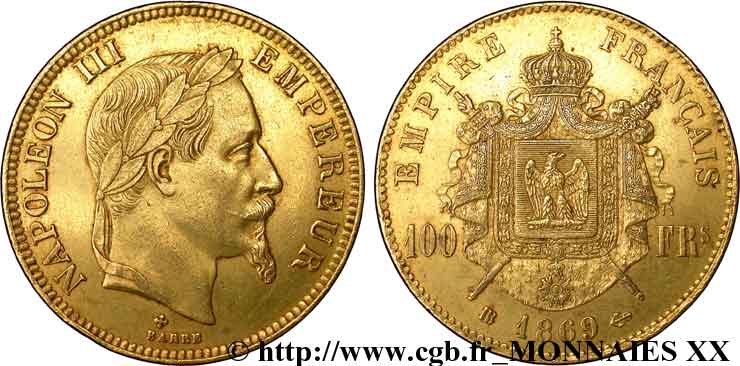 100 francs or Napoléon III, tête laurée 1869 Strasbourg F.551/13 XF 