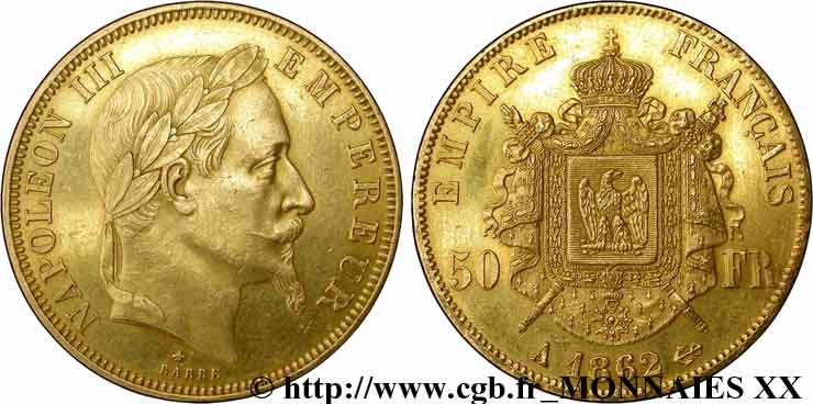 50 francs or Napoléon III, tête laurée 1862 Paris F.548/1 SPL 