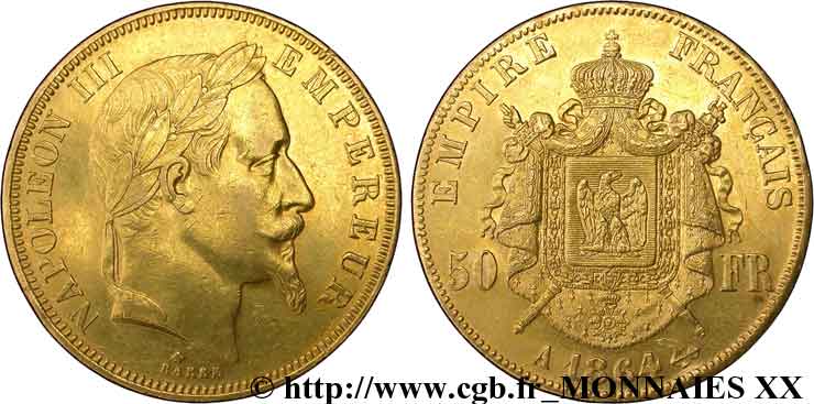 50 francs or Napoléon III, tête laurée 1864 Paris F.548/4 MBC 