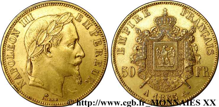 50 francs or Napoléon III, tête laurée 1865 Paris F.548/5 MBC 