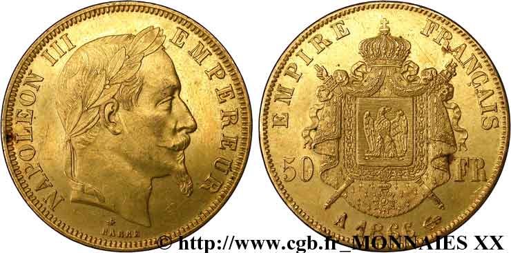 50 francs or Napoléon III, tête laurée 1866 Paris F.548/6 SS 