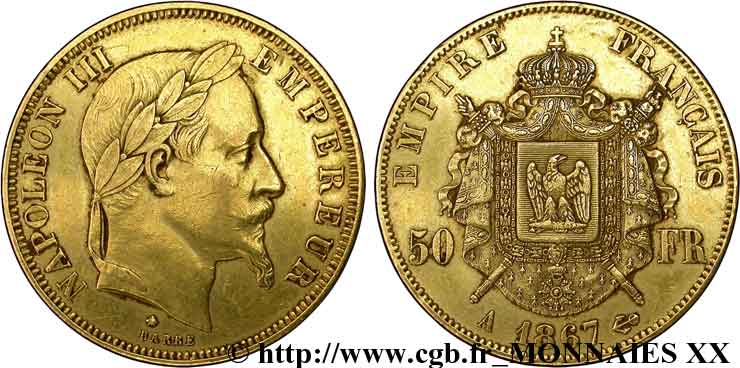 50 francs or Napoléon III, tête laurée 1867 Paris F.548/8 MBC 