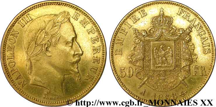 50 francs or Napoléon III, tête laurée 1868 Paris F.548/10 MBC 