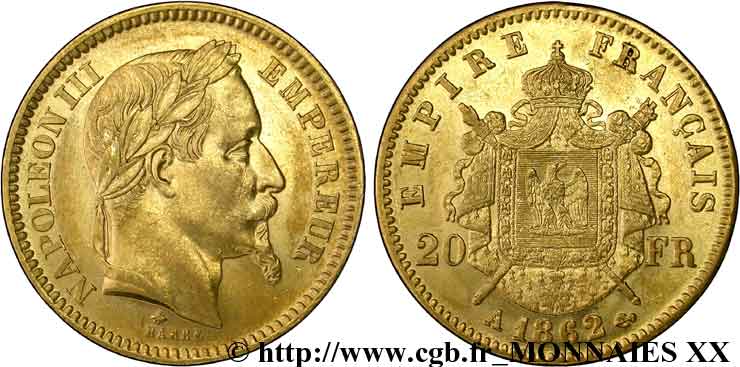20 francs or Napoléon III, tête laurée 1862 Paris F.532/3 SPL 