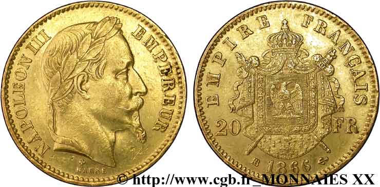 20 francs or Napoléon III, tête laurée 1866 Strasbourg F.532/14 XF 