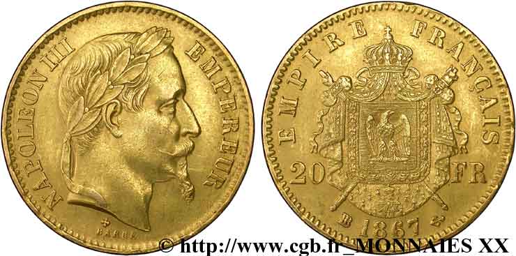 20 francs or Napoléon III, tête laurée, frappe tréflée 1867 Strasbourg F.532/16 TTB 