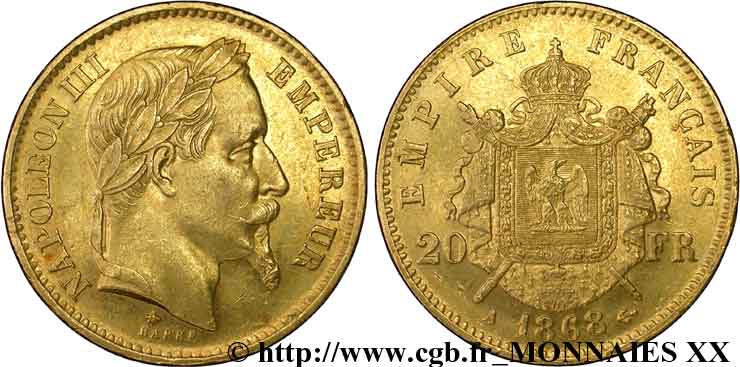 20 francs or Napoléon III, tête laurée 1868 Paris F.532/18 MBC 