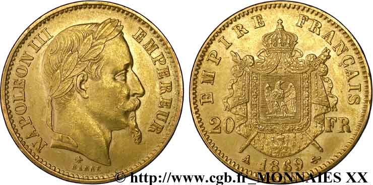 20 francs or Napoléon III, tête laurée 1869 Paris F.532/20 EBC 