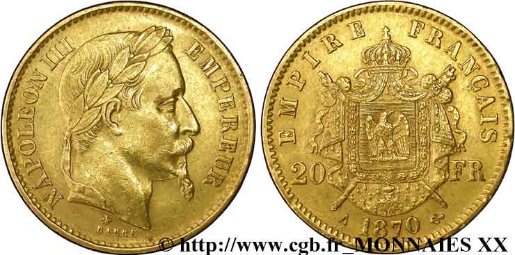 20 francs or Napoléon III, tête laurée 1870 Paris F.532/23 MBC 