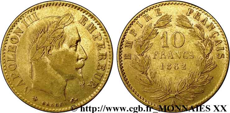 10 francs or Napoléon III, tête laurée 1862 Paris F.507A/1 TTB 