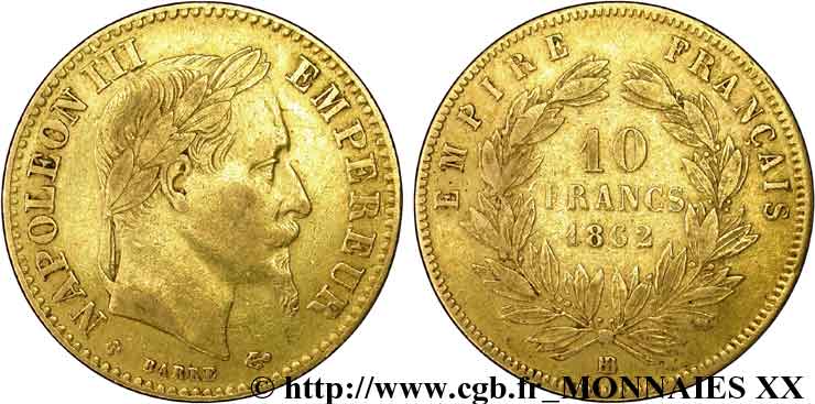 10 francs or Napoléon III, tête laurée 1862 Strasbourg F.507/2 XF 