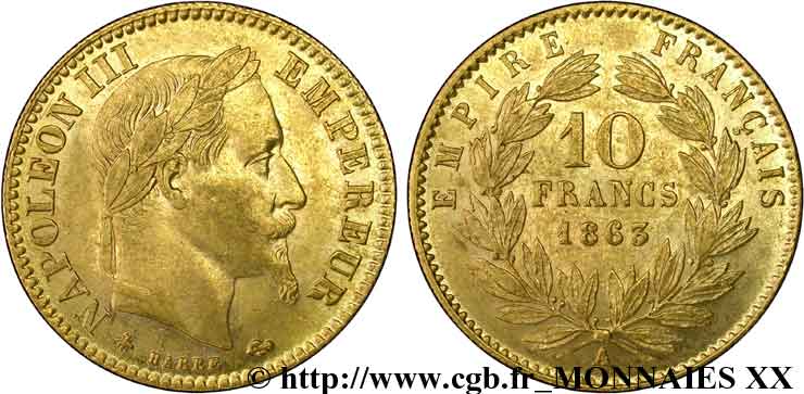 10 francs or Napoléon III, tête laurée 1863 Paris F.507A/3 TTB 